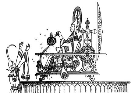 The Tranibor, the matebian sun emperor sitting in the time machine - original drawing