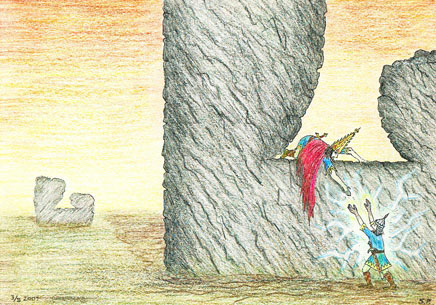Denna teckning kom att användas till omslaget på boken Maktens tiaror del 1: Bortom Eldravinen.